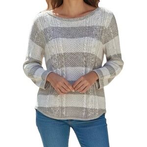 Jeanne Pierre Women Size L Cotton Stripes Neutral Cable Knit Preppy Sweater